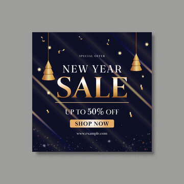 Luxury Blue and Golden New Year Sale Social Media Post Design with Hanging Christmas Tree with Light Effect.