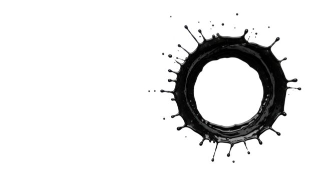 A single, dynamic black paint splash with organic drips and speckles, showing viscous texture, against an immaculate white studio background with negative space for text. Concept of innovation and