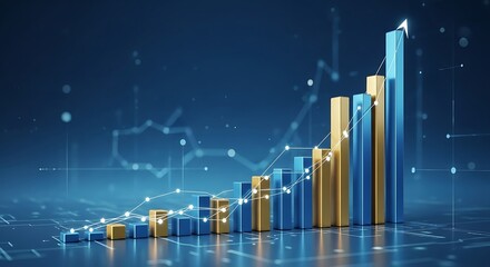 Rising bar graph showing financial growth and data analysis on a blue background