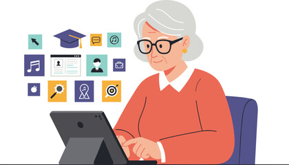 Senior learning with tablet cartoon illustration, symbolic digital literacy and expressive lifelong education artwork for design and education