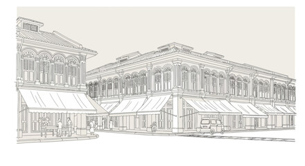 Architectural Line Art of a Historic Urban Street Scene