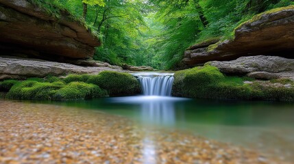 Lush green forest waterfall with smooth flowing water over moss covered rocks in dappled sunlight creating a serene natural landscape