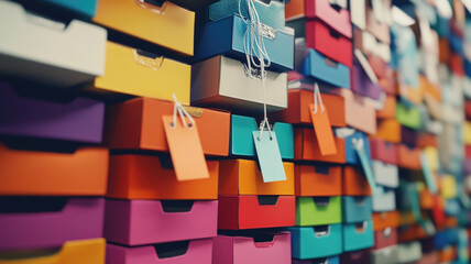 A colorful stack of cardboard shoe boxes with visible discount tags. The boxes are arranged in various colors, creating a vibrant display.