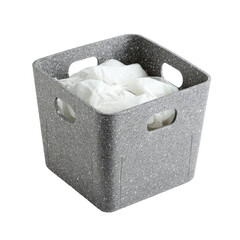 Square, grey, speckled bin filled with white fabric