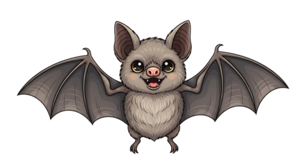 Cartoon bat with gray fur and large wings spreading out on a black background isolated view