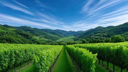 Naklejka premium Lush Green Vineyard Rolling Hills Under a Bright Blue Sky with Wispy Clouds and Distant Buildings in a Panoramic Landscape View