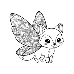 Cute whimsical fox with butterfly wings for coloring isolated on white background