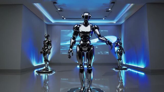 Three chrome robot figures stand in showroom. Humanoid design highlights robotics artificial intelligence. Blue lighting creates futuristic exhibition. Sleek surfaces suggest automation technology. - Powered by Adobe