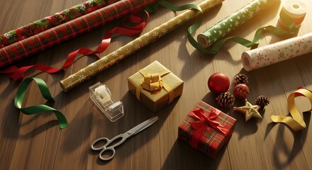 Holiday Workspace with Ribbons, Paper, and Presents