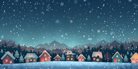 Charming illustrated village scene during a serene winter snowfall, showcasing a peaceful landscape of quaint houses with lit windows, nestled amidst snow-covered ground, pine trees, and distant...
