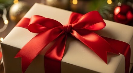 Close-up of Red Ribbon on Wrapped Christmas Gift