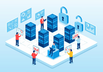 Secure Data Management and Cybersecurity Team Collaboration within a Cloud Server Infrastructure, an Isometric Illustration of Digital Network Protection and Information Security