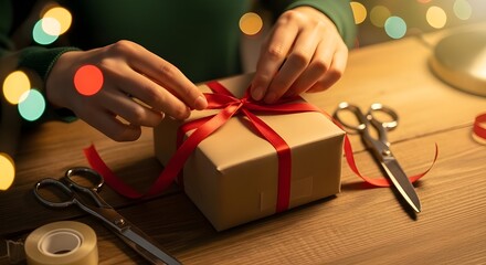 Hands Wrapping a Christmas Gift on a Cozy Table