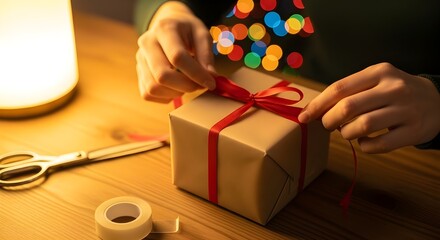 Warm Holiday Scene with Gift Wrapping and Ribbon