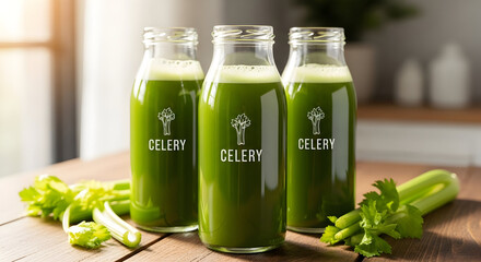 Three glass bottles with green celery juice on a wooden table symbolizing health and wellness 56587990 1