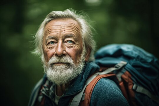 Elderly man with a backpack enjoys an active day in the park surrounded by nature and greenery