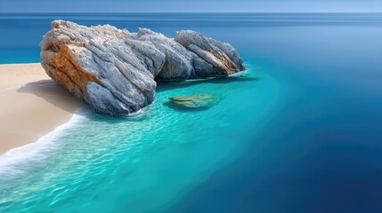 Dramatic grey and brown rock formation on a sandy beach with turquoise clear water and gentle waves under a bright blue sky daytime scenic view