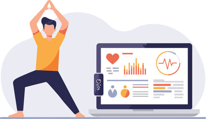 Yoga pose with health data cartoon illustration, symbolic fitness tracking and expressive digital wellness artwork for design and education