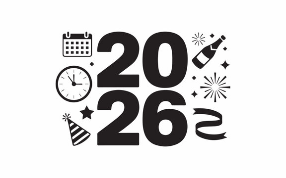 Exciting 2026 New Year countdown with champagne bottle and party hat decorations for festive celebration invitations and greeting cards