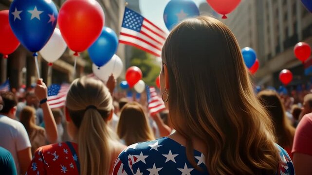 A crowd celebrates with balloons and American flags during a patriotic parade in a city street.