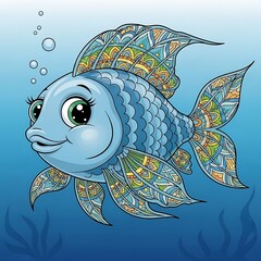 Cute cartoon blue fish with colorful patterned fins and tail isolated on white background