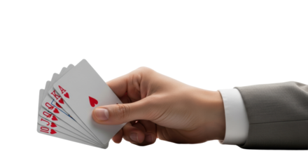 A well-groomed hand, neutral skin tone, confidently displaying a perfectly fanned, pristine Royal Flush of Hearts on a bright white studio background, strategic triumph concept of ultimate success