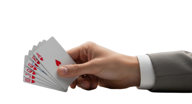 A well-groomed hand, neutral skin tone, confidently displaying a perfectly fanned, pristine Royal Flush of Hearts on a bright white studio background, strategic triumph concept of ultimate success