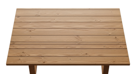 A clean, light brown rustic wooden table surface with distinct wood grain and horizontal planks, isolated on a pristine transparent studio background, versatile backdrop concept
