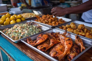 Fototapeta premium Enjoy a vibrant fish fry feast in Nassau Bahamas with fresh catches and traditional flavors prepared in a lively setting