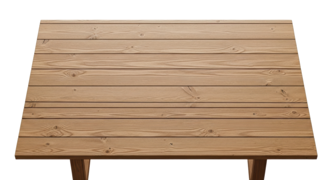 A clean, light brown rustic wooden table surface with distinct wood grain and horizontal planks, isolated on a pristine transparent studio background, versatile backdrop concept