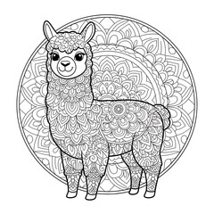 Cute fluffy llama with intricate mandala pattern isolated on white background