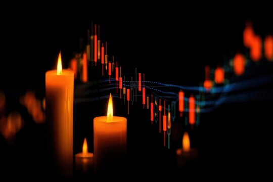 Data analysis of stock market trends with candlestick charts and candles creating a reflective atmosphere during the evening - Powered by Adobe