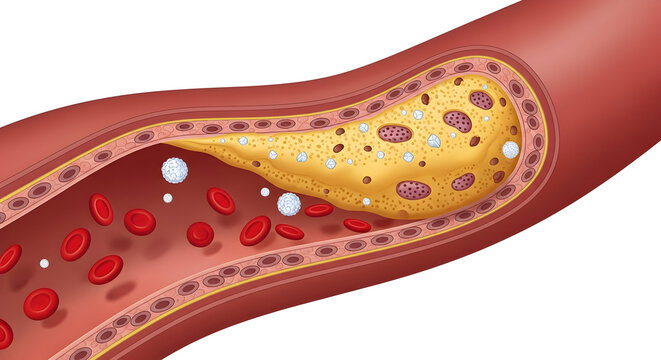 Illustration of cholesterol buildup in an artery with blood cells and plaque 11255429 1