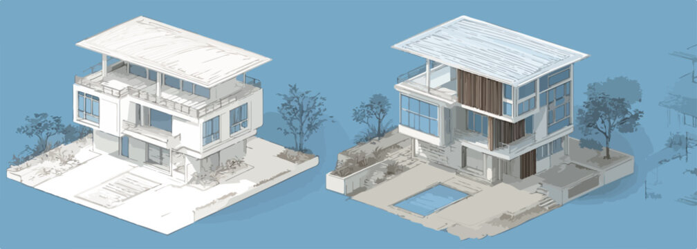Dois projetos de casas modernas com piscina e paisagismo em vetor isometrico