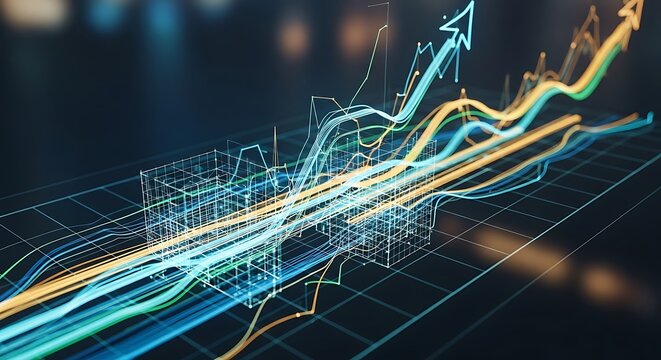 Abstract glowing lines of financial data charts showing upward growth