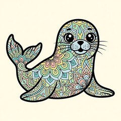 Cute artistic seal with colorful mandala patterns isolated on white background