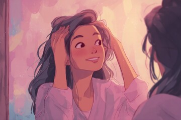 digital painting of person looking at mirror smiling peacefully, pastel background, gentle self-love energy