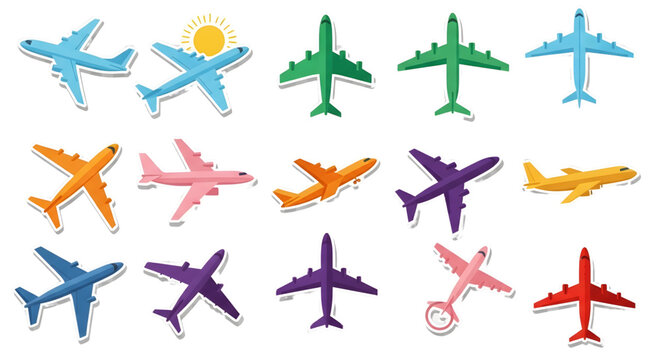 Colorful airplanes collection for travel blog design, vector art aviation set for kids, bright aircrafts for flight concept, journey illustrations, air travel