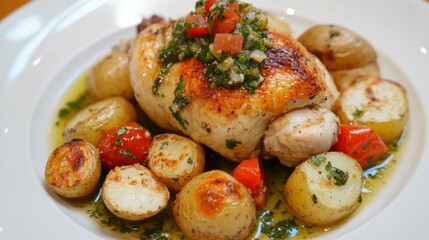 Delicious roasted chicken with herb potatoes and vegetables on white plate