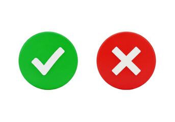 Obraz premium Two perfectly rendered green and red circular icons with white checkmark and 'X', side-by-side on a transparent background, high-key studio lighting, concept of binary outcomes and clear decisions
