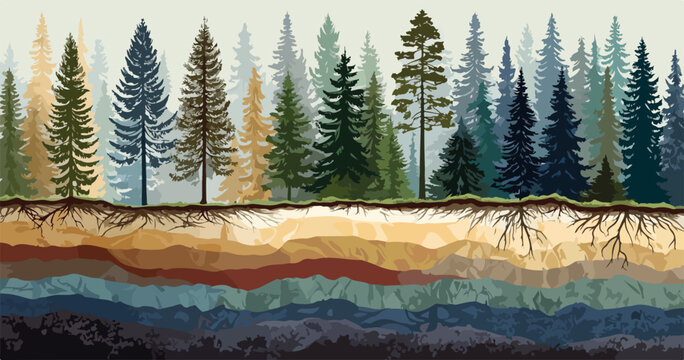 Ilustra&ccedil;&atilde;o de floresta com camadas de solo e ra&iacute;zes de &aacute;rvores expostas, representando o ecossistema.