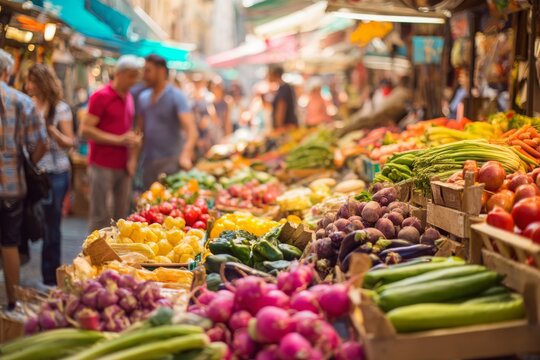 A vibrant and bustling street market overflowing with fresh, colorful fruits and vegetables. - Powered by Adobe