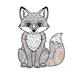 Detailed illustration of a cute fox with intricate patterns sitting on a white background isolated on white background