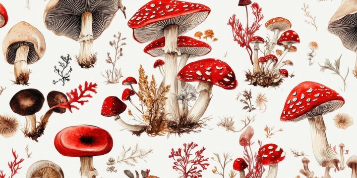 Colorful mushrooms and lichens with red caps and white stems in forest setting