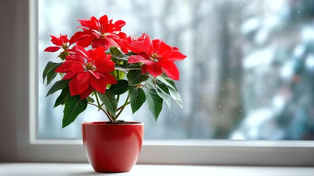 A poinsettia plant with vibrant red leaves, in a pot, sitting on a windowsill, snow falling outside. Traditional, festive, still life. blurred background, with copy space