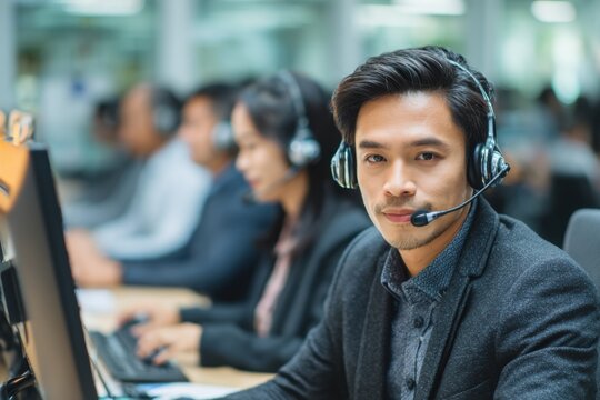 Asian male businessman wearing headset works in a modern office environment, focused on computer tasks while collaborating with colleagues during office hours