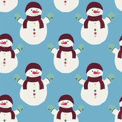 Christmas festive seamless pattern. Hand drawn christmas ornaments, gift boxes and snowmen.