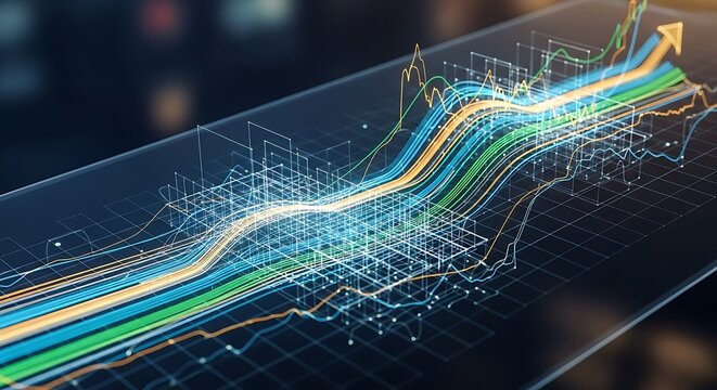 Abstract digital graph showing upward trend and growth with glowing lines and data points