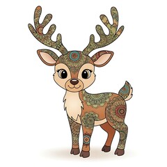 Cute cartoon deer with large antlers and big eyes decorated with a camouflage pattern isolated on white background