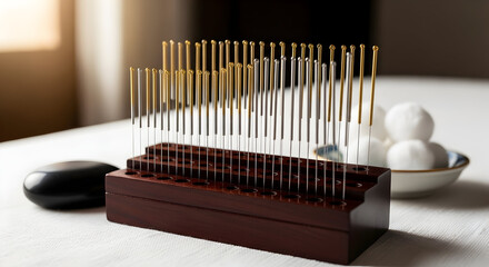 An organized display of various-sized acupuncture needles on a specialized stand ready for use in traditional Chinese medicine therapy sessions 57836992 1